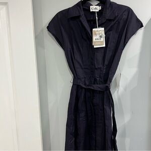 Calli Button Up Navy Belted Dress Bonne Shirt Dress Us 8 - Natural Fibres